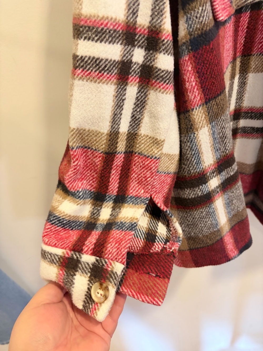 NWOT SHEIN Plaid Shacket in Burgundy, Brown & Cream - Picture 7 of 11